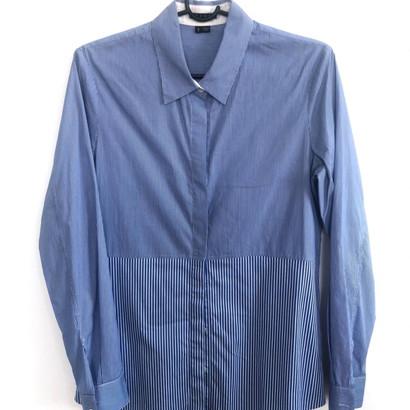 BLUE WITH STRIPES BUTTON-DOWN THEORY BLOUSE SIZE L - Picture 1 of 5
